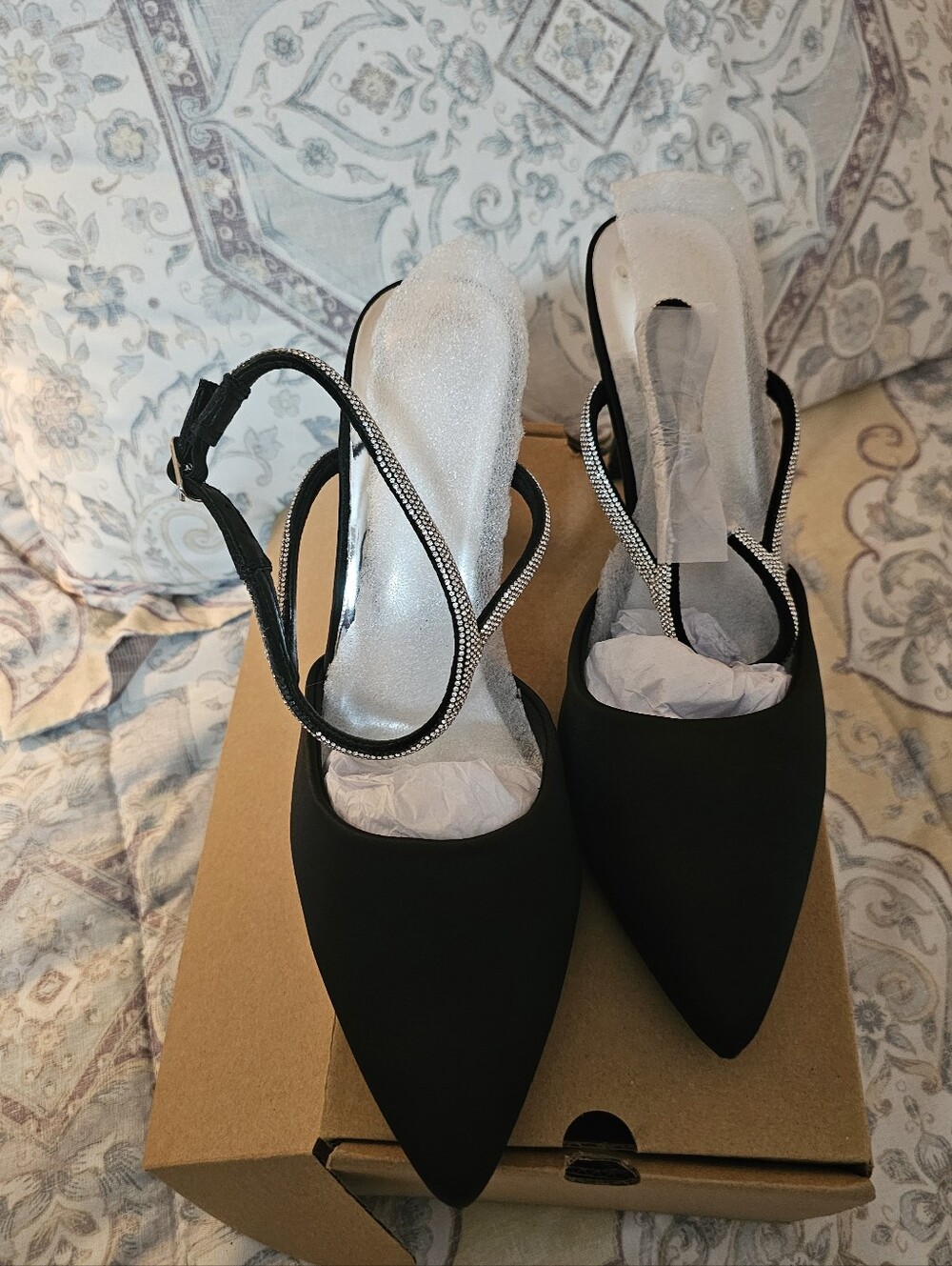 Black Pointed Slingback Heels with Rhinestone Strap